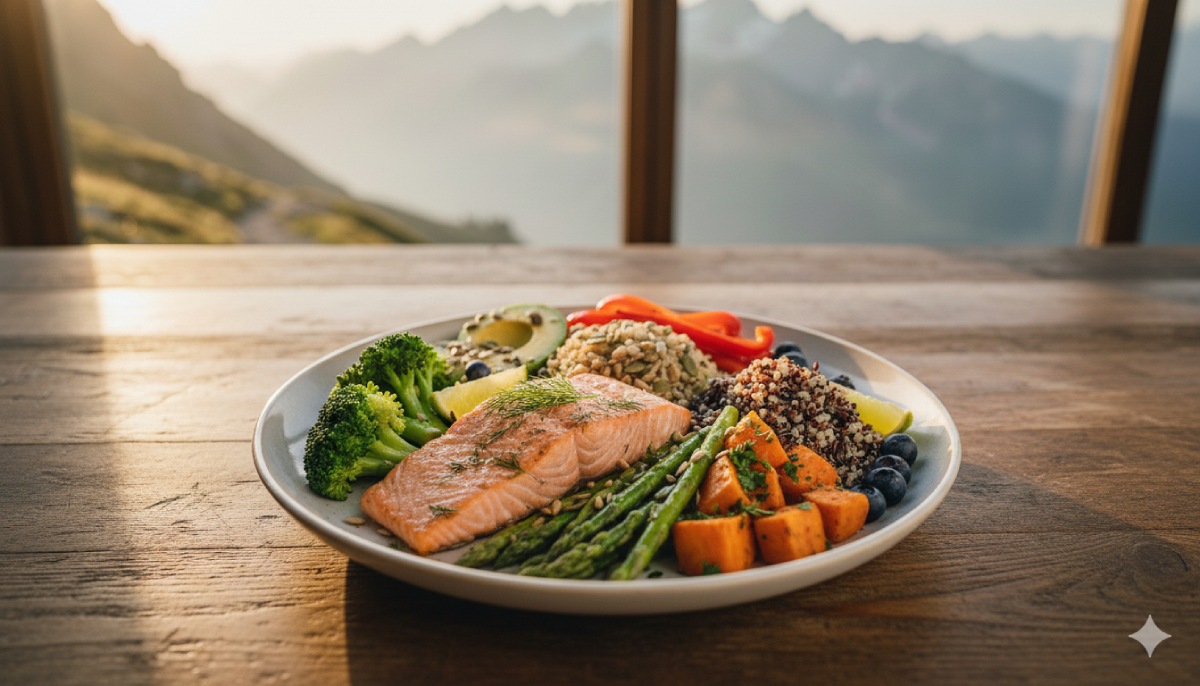 Balanced endurance athlete meal plate with lean protein, whole grains, colorful vegetables, and healthy fats