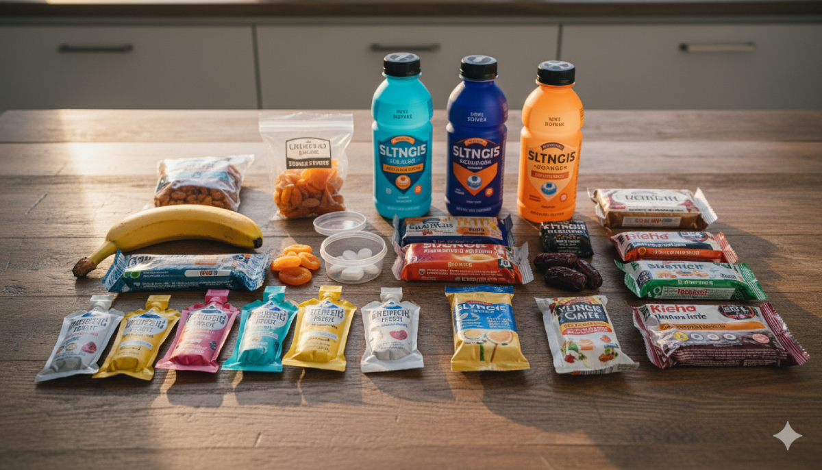 Various endurance fuel options including energy gels, sports drinks, energy bars, and whole food alternatives for during-exercise nutrition