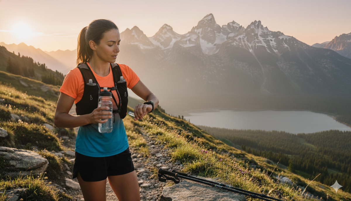 Athlete checking hydration with water bottle and electrolyte supplements for endurance training